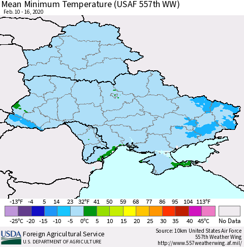 Ukraine, Moldova and Belarus Minimum Temperature (USAF 557th WW) Thematic Map For 2/10/2020 - 2/16/2020