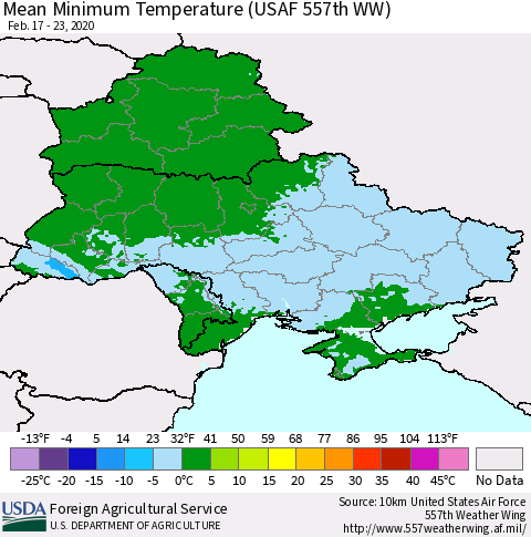 Ukraine, Moldova and Belarus Minimum Temperature (USAF 557th WW) Thematic Map For 2/17/2020 - 2/23/2020