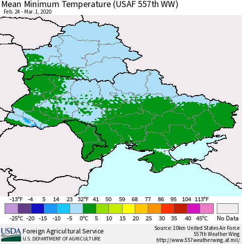 Ukraine, Moldova and Belarus Minimum Temperature (USAF 557th WW) Thematic Map For 2/24/2020 - 3/1/2020
