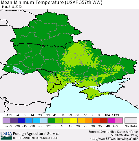 Ukraine, Moldova and Belarus Minimum Temperature (USAF 557th WW) Thematic Map For 3/2/2020 - 3/8/2020