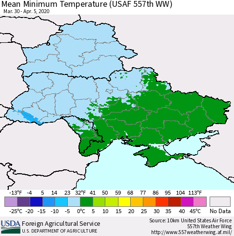 Ukraine, Moldova and Belarus Minimum Temperature (USAF 557th WW) Thematic Map For 3/30/2020 - 4/5/2020