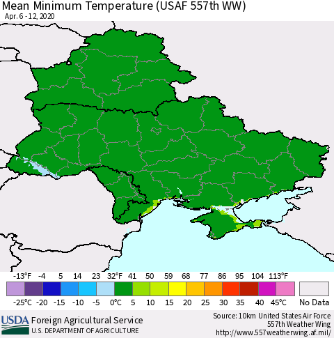 Ukraine, Moldova and Belarus Minimum Temperature (USAF 557th WW) Thematic Map For 4/6/2020 - 4/12/2020