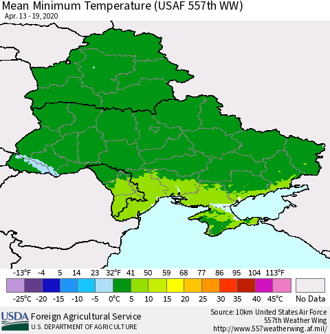 Ukraine, Moldova and Belarus Minimum Temperature (USAF 557th WW) Thematic Map For 4/13/2020 - 4/19/2020