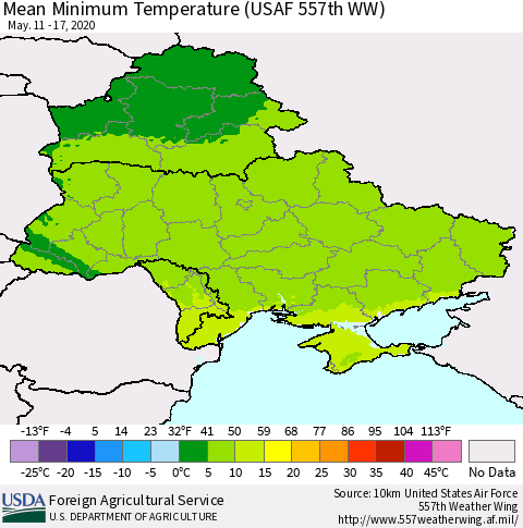 Ukraine, Moldova and Belarus Minimum Temperature (USAF 557th WW) Thematic Map For 5/11/2020 - 5/17/2020