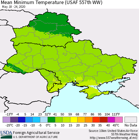 Ukraine, Moldova and Belarus Mean Minimum Temperature (USAF 557th WW) Thematic Map For 5/18/2020 - 5/24/2020