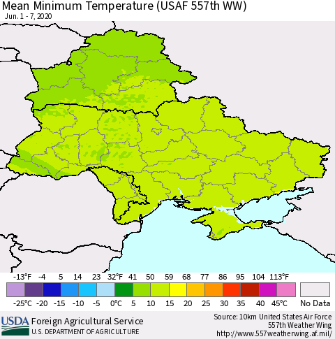 Ukraine, Moldova and Belarus Mean Minimum Temperature (USAF 557th WW) Thematic Map For 6/1/2020 - 6/7/2020