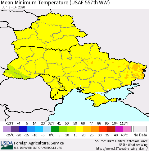 Ukraine, Moldova and Belarus Minimum Temperature (USAF 557th WW) Thematic Map For 6/8/2020 - 6/14/2020
