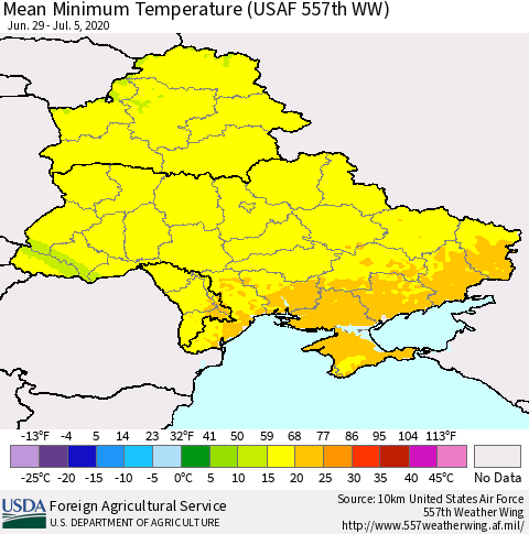 Ukraine, Moldova and Belarus Mean Minimum Temperature (USAF 557th WW) Thematic Map For 6/29/2020 - 7/5/2020