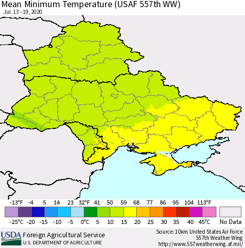Ukraine, Moldova and Belarus Minimum Temperature (USAF 557th WW) Thematic Map For 7/13/2020 - 7/19/2020
