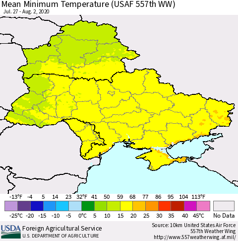 Ukraine, Moldova and Belarus Minimum Temperature (USAF 557th WW) Thematic Map For 7/27/2020 - 8/2/2020