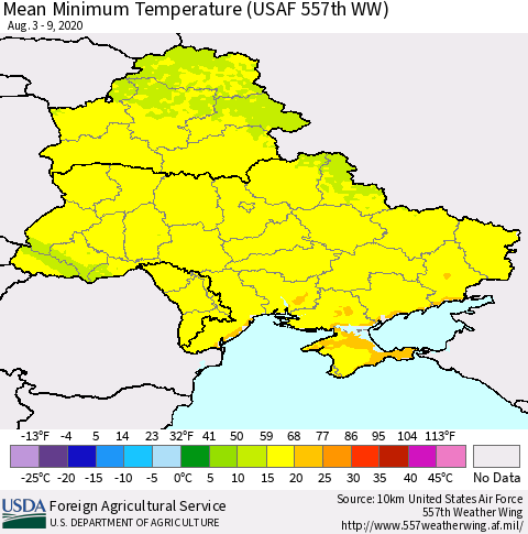 Ukraine, Moldova and Belarus Minimum Temperature (USAF 557th WW) Thematic Map For 8/3/2020 - 8/9/2020