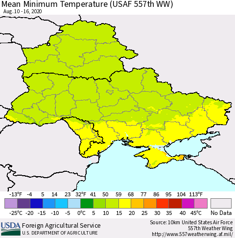 Ukraine, Moldova and Belarus Minimum Temperature (USAF 557th WW) Thematic Map For 8/10/2020 - 8/16/2020