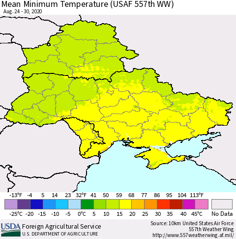 Ukraine, Moldova and Belarus Minimum Temperature (USAF 557th WW) Thematic Map For 8/24/2020 - 8/30/2020