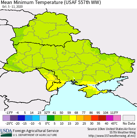 Ukraine, Moldova and Belarus Minimum Temperature (USAF 557th WW) Thematic Map For 10/5/2020 - 10/11/2020
