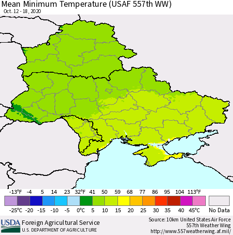 Ukraine, Moldova and Belarus Mean Minimum Temperature (USAF 557th WW) Thematic Map For 10/12/2020 - 10/18/2020