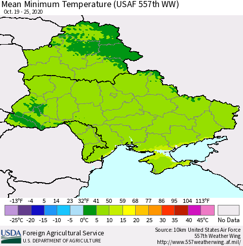 Ukraine, Moldova and Belarus Minimum Temperature (USAF 557th WW) Thematic Map For 10/19/2020 - 10/25/2020