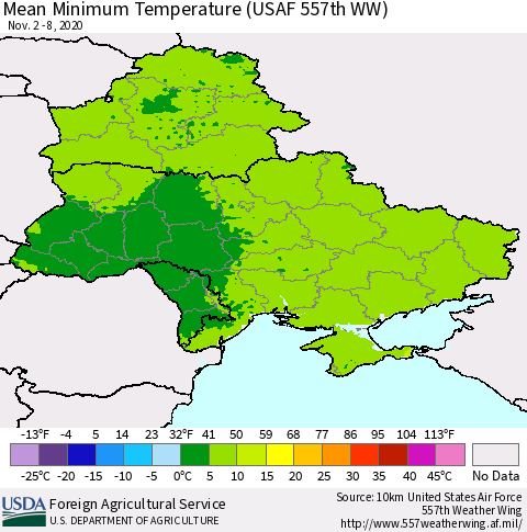 Ukraine, Moldova and Belarus Minimum Temperature (USAF 557th WW) Thematic Map For 11/2/2020 - 11/8/2020