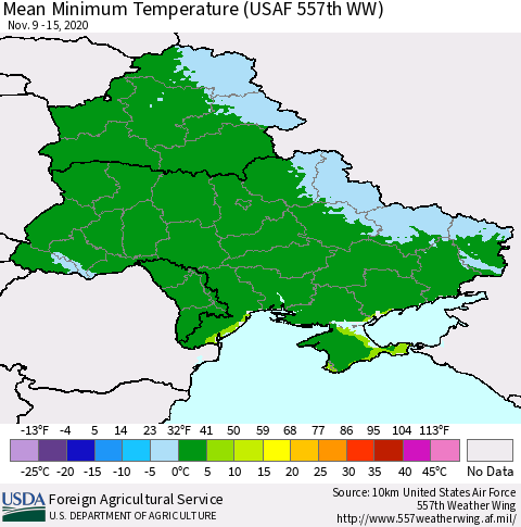 Ukraine, Moldova and Belarus Minimum Temperature (USAF 557th WW) Thematic Map For 11/9/2020 - 11/15/2020