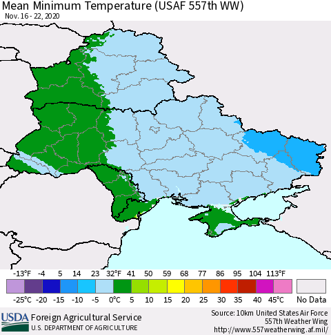 Ukraine, Moldova and Belarus Mean Minimum Temperature (USAF 557th WW) Thematic Map For 11/16/2020 - 11/22/2020