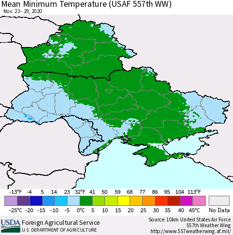 Ukraine, Moldova and Belarus Minimum Temperature (USAF 557th WW) Thematic Map For 11/23/2020 - 11/29/2020