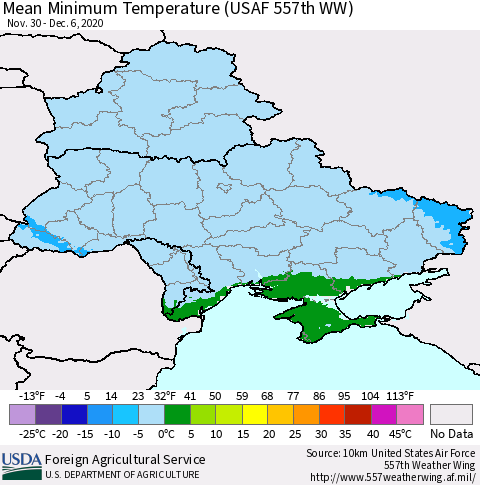 Ukraine, Moldova and Belarus Minimum Temperature (USAF 557th WW) Thematic Map For 11/30/2020 - 12/6/2020