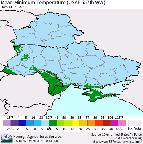 Ukraine, Moldova and Belarus Minimum Temperature (USAF 557th WW) Thematic Map For 12/14/2020 - 12/20/2020