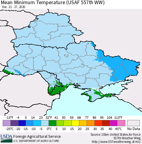 Ukraine, Moldova and Belarus Minimum Temperature (USAF 557th WW) Thematic Map For 12/21/2020 - 12/27/2020