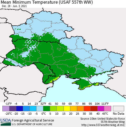 Ukraine, Moldova and Belarus Minimum Temperature (USAF 557th WW) Thematic Map For 12/28/2020 - 1/3/2021