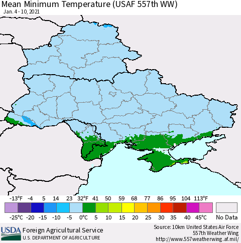 Ukraine, Moldova and Belarus Minimum Temperature (USAF 557th WW) Thematic Map For 1/4/2021 - 1/10/2021