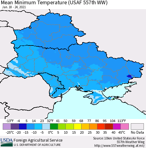 Ukraine, Moldova and Belarus Minimum Temperature (USAF 557th WW) Thematic Map For 1/18/2021 - 1/24/2021