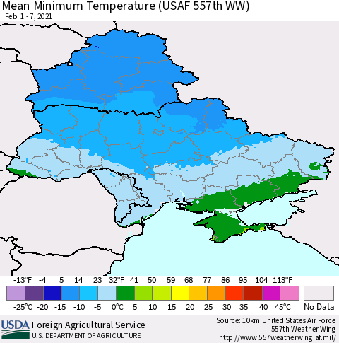 Ukraine, Moldova and Belarus Minimum Temperature (USAF 557th WW) Thematic Map For 2/1/2021 - 2/7/2021