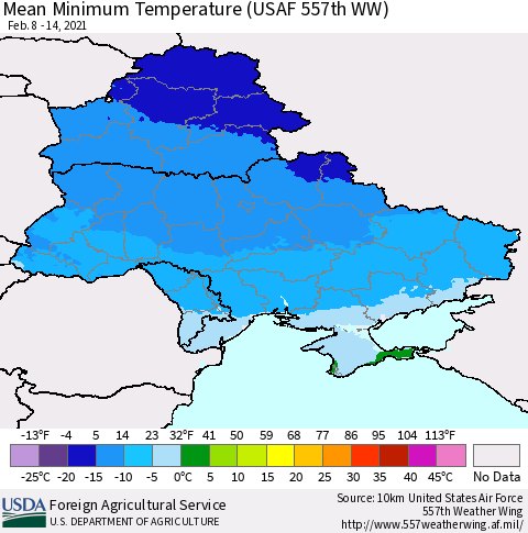 Ukraine, Moldova and Belarus Minimum Temperature (USAF 557th WW) Thematic Map For 2/8/2021 - 2/14/2021