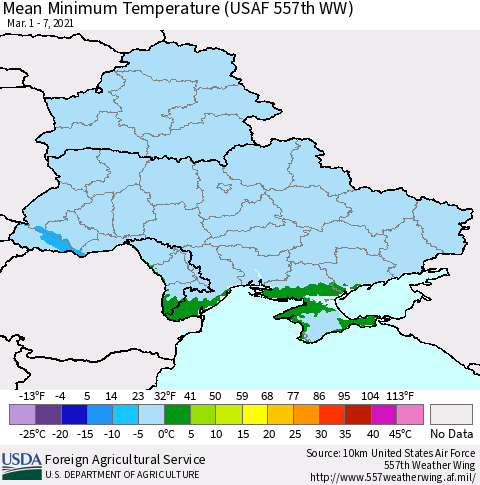 Ukraine, Moldova and Belarus Minimum Temperature (USAF 557th WW) Thematic Map For 3/1/2021 - 3/7/2021