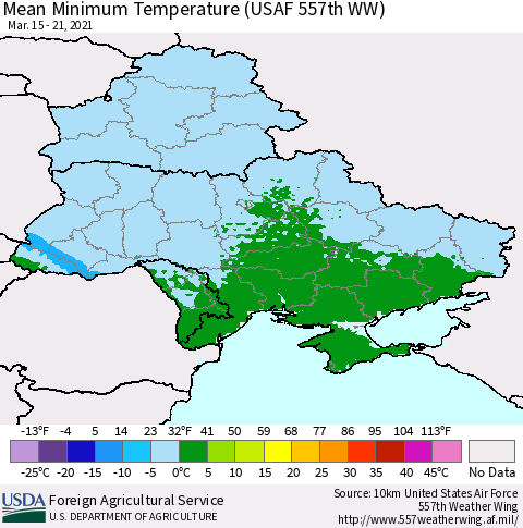 Ukraine, Moldova and Belarus Minimum Temperature (USAF 557th WW) Thematic Map For 3/15/2021 - 3/21/2021