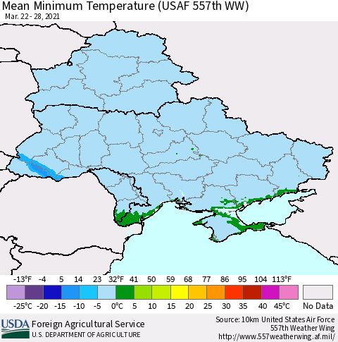 Ukraine, Moldova and Belarus Minimum Temperature (USAF 557th WW) Thematic Map For 3/22/2021 - 3/28/2021