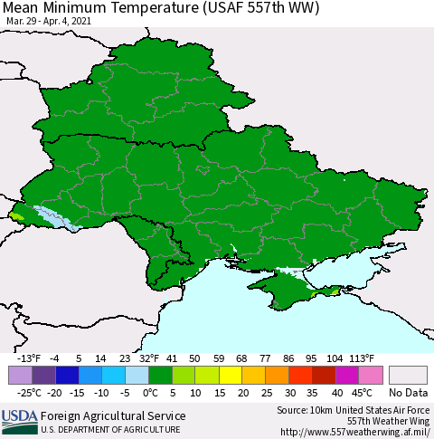 Ukraine, Moldova and Belarus Minimum Temperature (USAF 557th WW) Thematic Map For 3/29/2021 - 4/4/2021