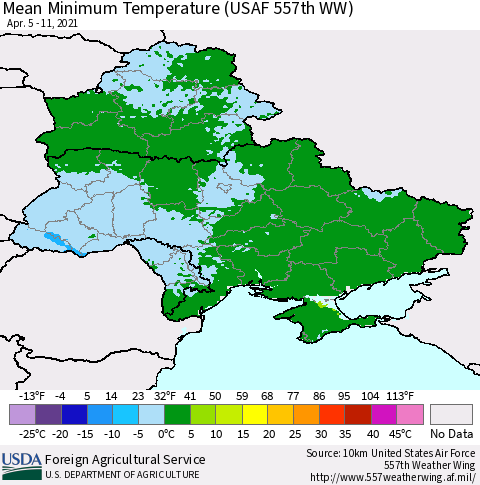 Ukraine, Moldova and Belarus Minimum Temperature (USAF 557th WW) Thematic Map For 4/5/2021 - 4/11/2021