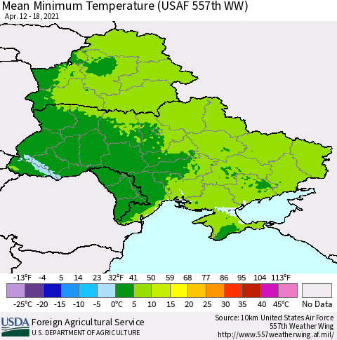 Ukraine, Moldova and Belarus Mean Minimum Temperature (USAF 557th WW) Thematic Map For 4/12/2021 - 4/18/2021
