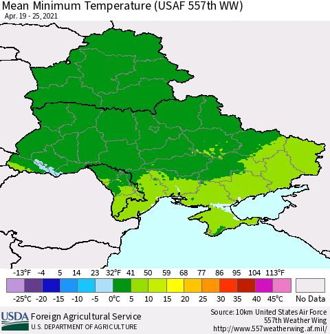 Ukraine, Moldova and Belarus Minimum Temperature (USAF 557th WW) Thematic Map For 4/19/2021 - 4/25/2021