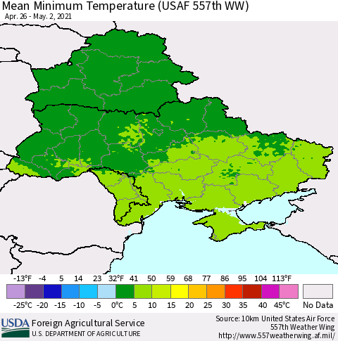 Ukraine, Moldova and Belarus Mean Minimum Temperature (USAF 557th WW) Thematic Map For 4/26/2021 - 5/2/2021