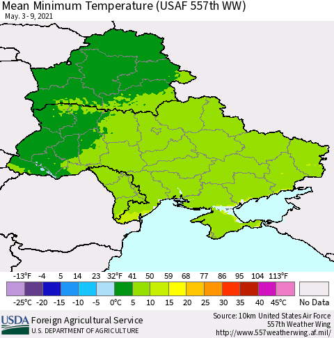 Ukraine, Moldova and Belarus Mean Minimum Temperature (USAF 557th WW) Thematic Map For 5/3/2021 - 5/9/2021