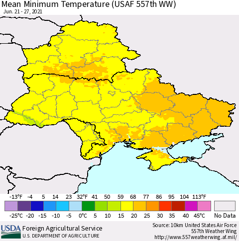 Ukraine, Moldova and Belarus Mean Minimum Temperature (USAF 557th WW) Thematic Map For 6/21/2021 - 6/27/2021