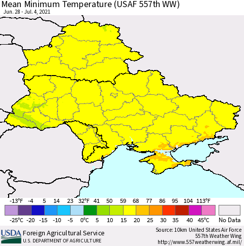 Ukraine, Moldova and Belarus Mean Minimum Temperature (USAF 557th WW) Thematic Map For 6/28/2021 - 7/4/2021