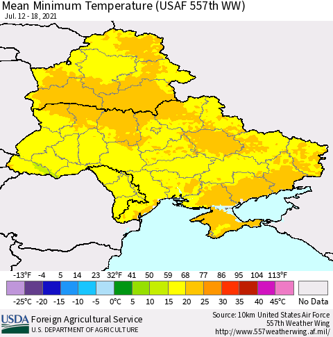 Ukraine, Moldova and Belarus Mean Minimum Temperature (USAF 557th WW) Thematic Map For 7/12/2021 - 7/18/2021