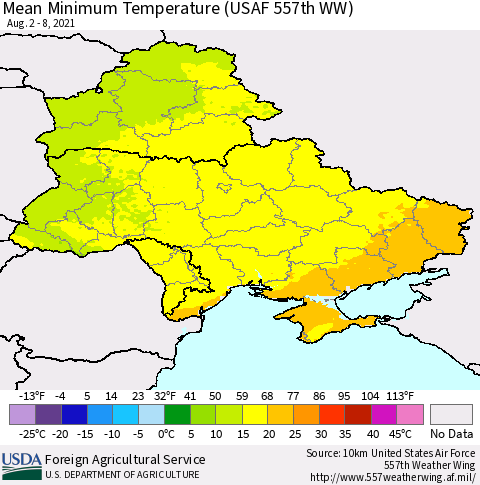 Ukraine, Moldova and Belarus Mean Minimum Temperature (USAF 557th WW) Thematic Map For 8/2/2021 - 8/8/2021
