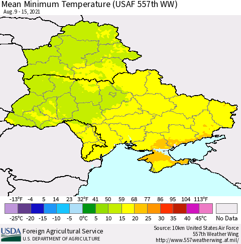 Ukraine, Moldova and Belarus Minimum Temperature (USAF 557th WW) Thematic Map For 8/9/2021 - 8/15/2021