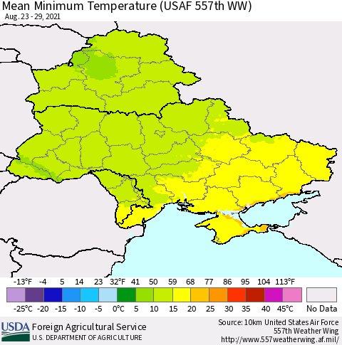 Ukraine, Moldova and Belarus Mean Minimum Temperature (USAF 557th WW) Thematic Map For 8/23/2021 - 8/29/2021