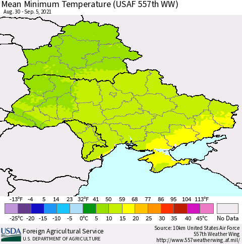Ukraine, Moldova and Belarus Mean Minimum Temperature (USAF 557th WW) Thematic Map For 8/30/2021 - 9/5/2021