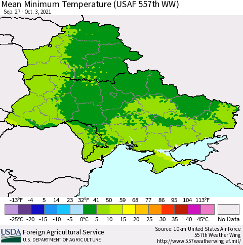 Ukraine, Moldova and Belarus Mean Minimum Temperature (USAF 557th WW) Thematic Map For 9/27/2021 - 10/3/2021