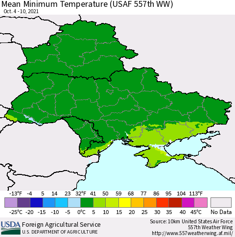 Ukraine, Moldova and Belarus Minimum Temperature (USAF 557th WW) Thematic Map For 10/4/2021 - 10/10/2021